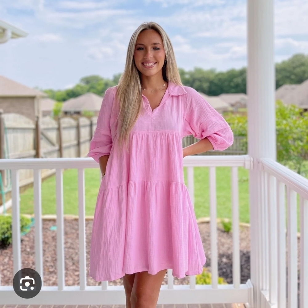 NWT & MERCI COTTON SHIRT DRESS WITH POCKETS IN PINK MED